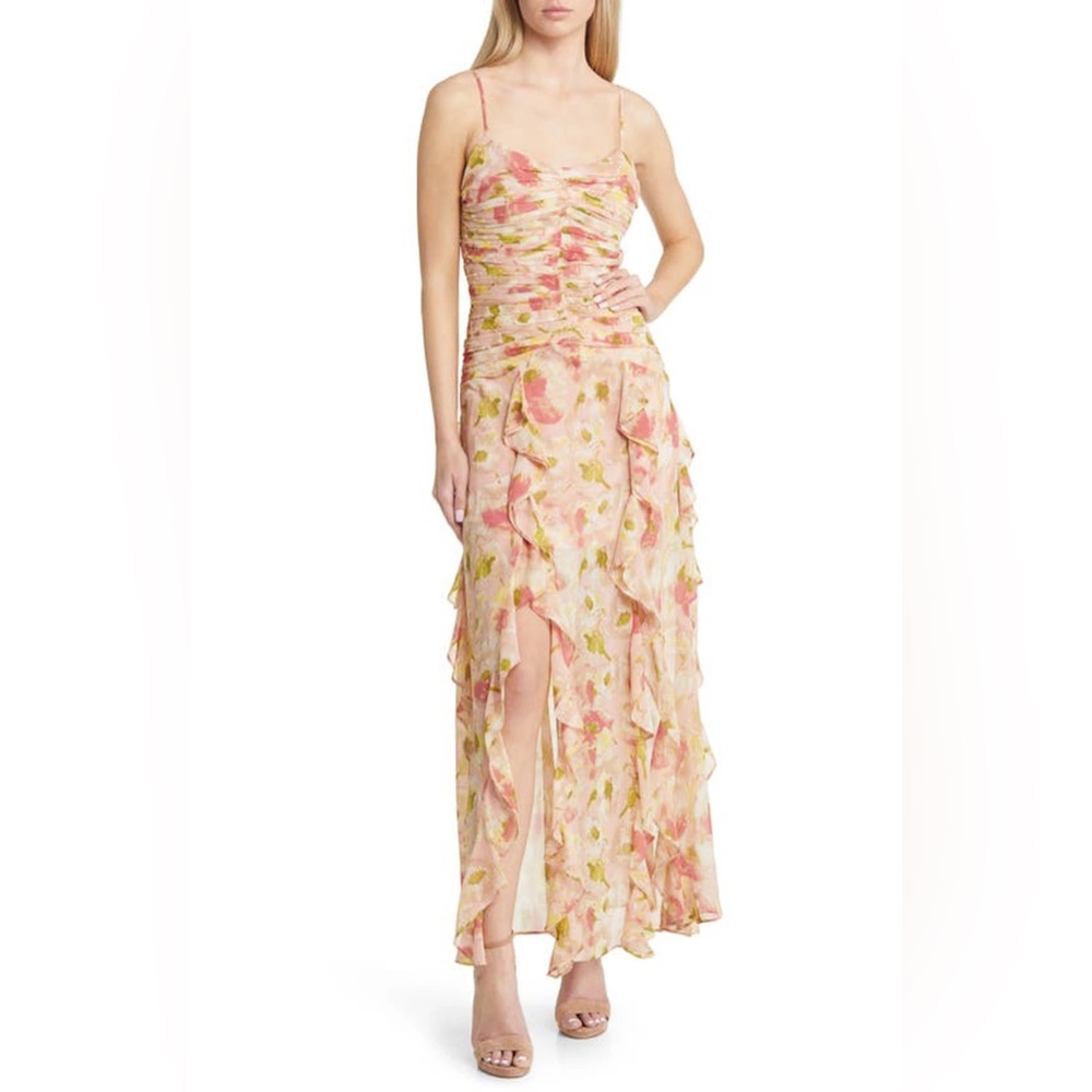 FLORET STUDIOS Floral Ruched Bodice Cascading Ruffle Maxi Dress in Peach Floral